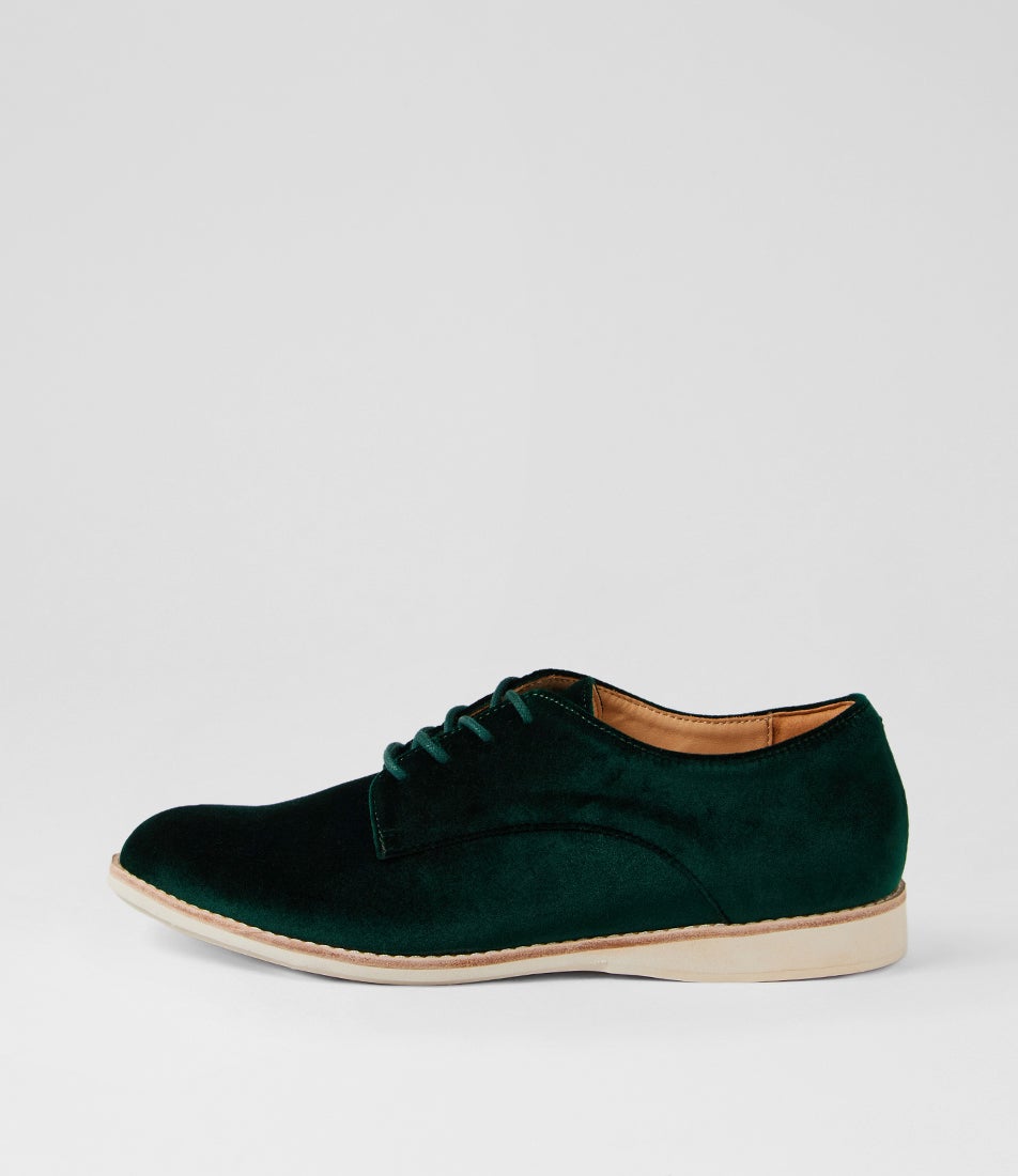 Derby Emerald Velvet Fabric Lace Up Flats