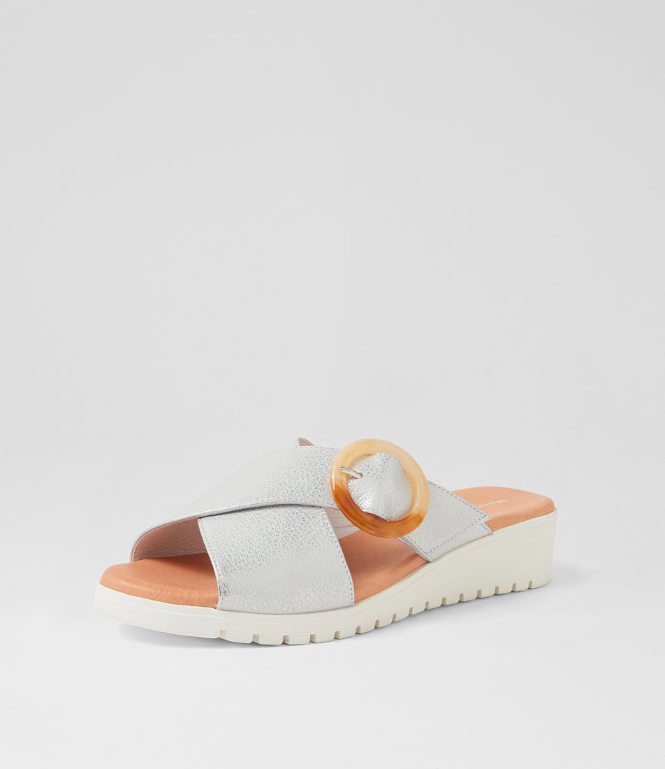 Mertisa White Silver Wash Leather Slides