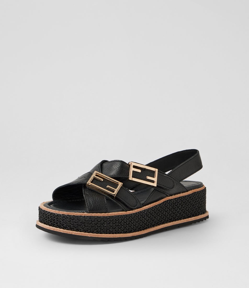 Vasha Black Leather Synthetic Raffia Sandals