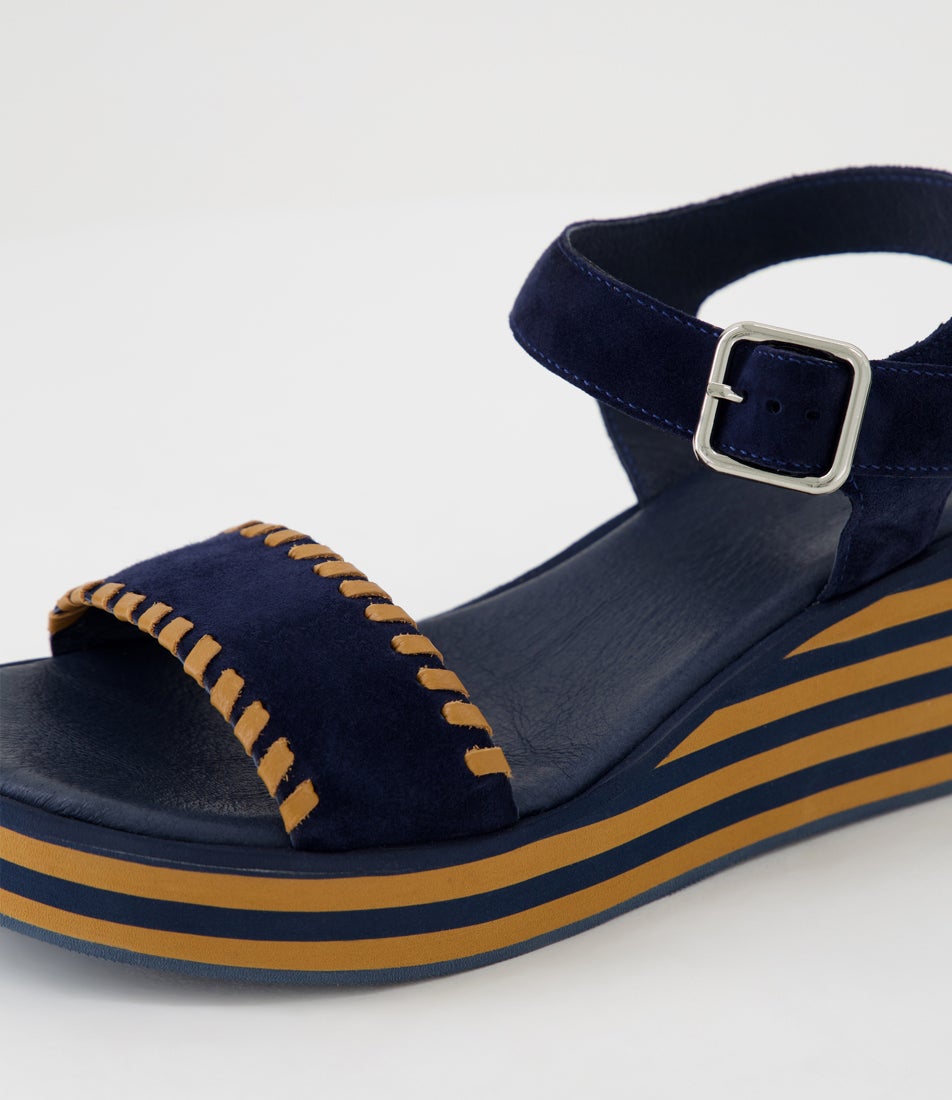 Faline Navy Dark Tan Suede Leather Sandals