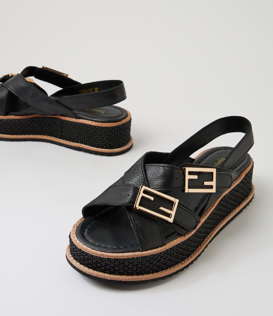 Vasha Black Leather Synthetic Raffia Sandals