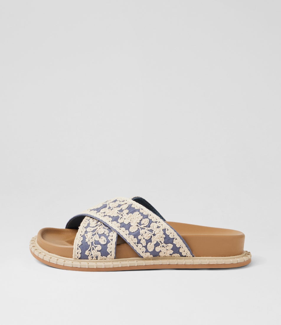 Zakiya Denim White Embroidery Fabric Slides Zakiya Denim White Embroidery Fabric Slides