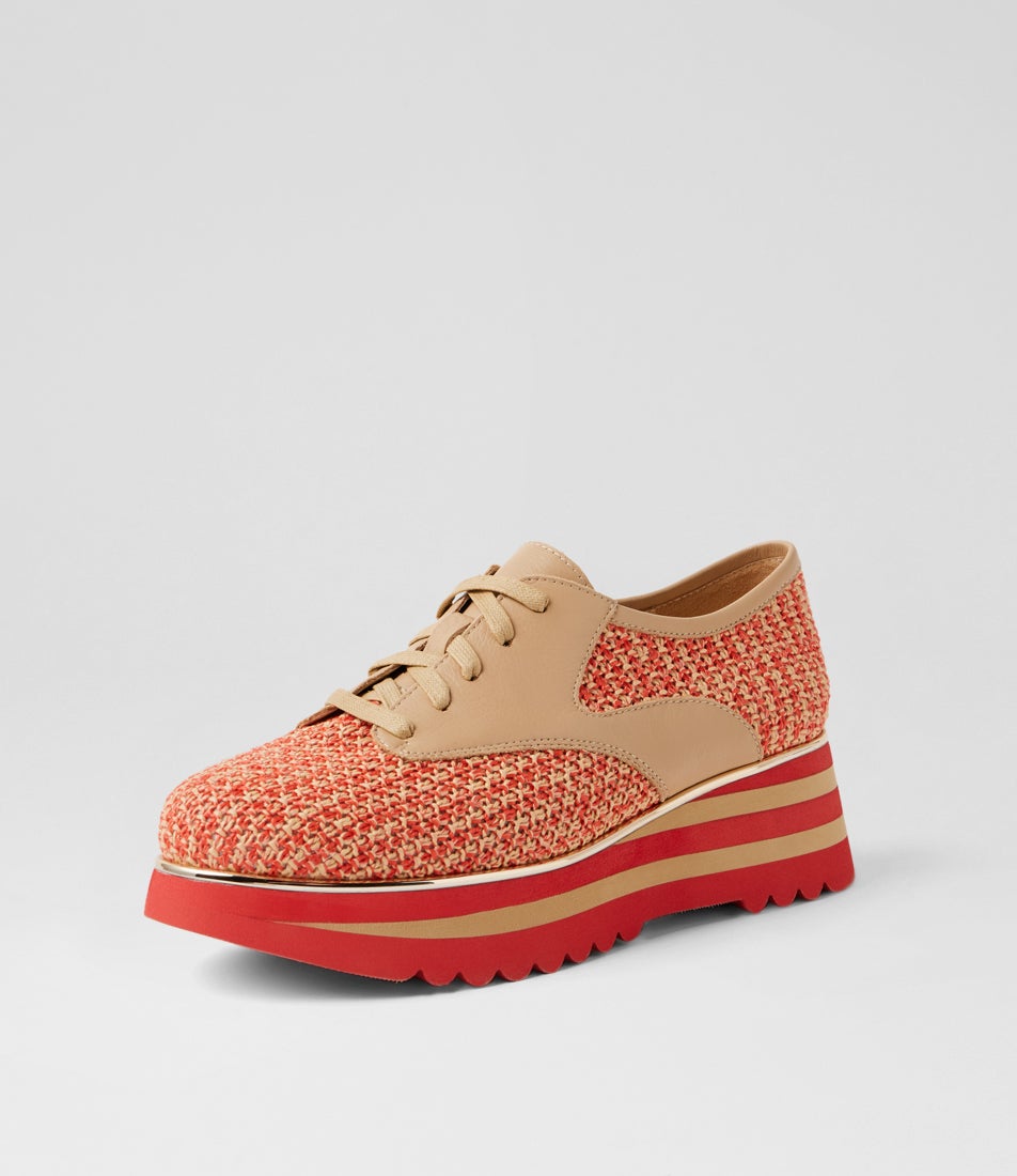 Endo Melon Natural Synthetic Raffia Leather Lace Up Flats