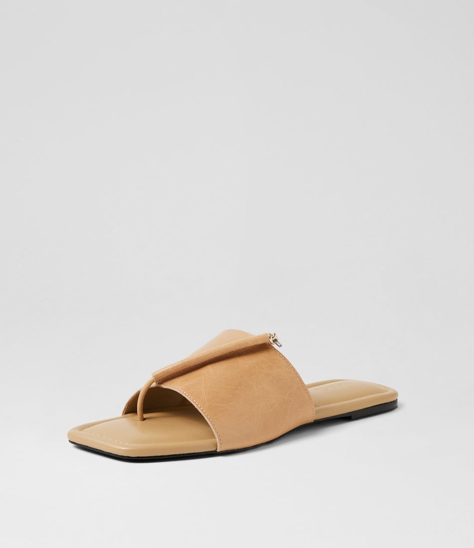 Misam Camel Crinkle Leather Slides