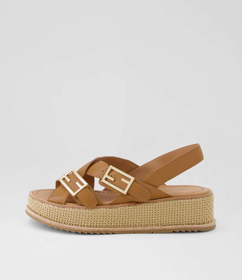 Vasha Dark Tan Camel Leather Raffia Sandals