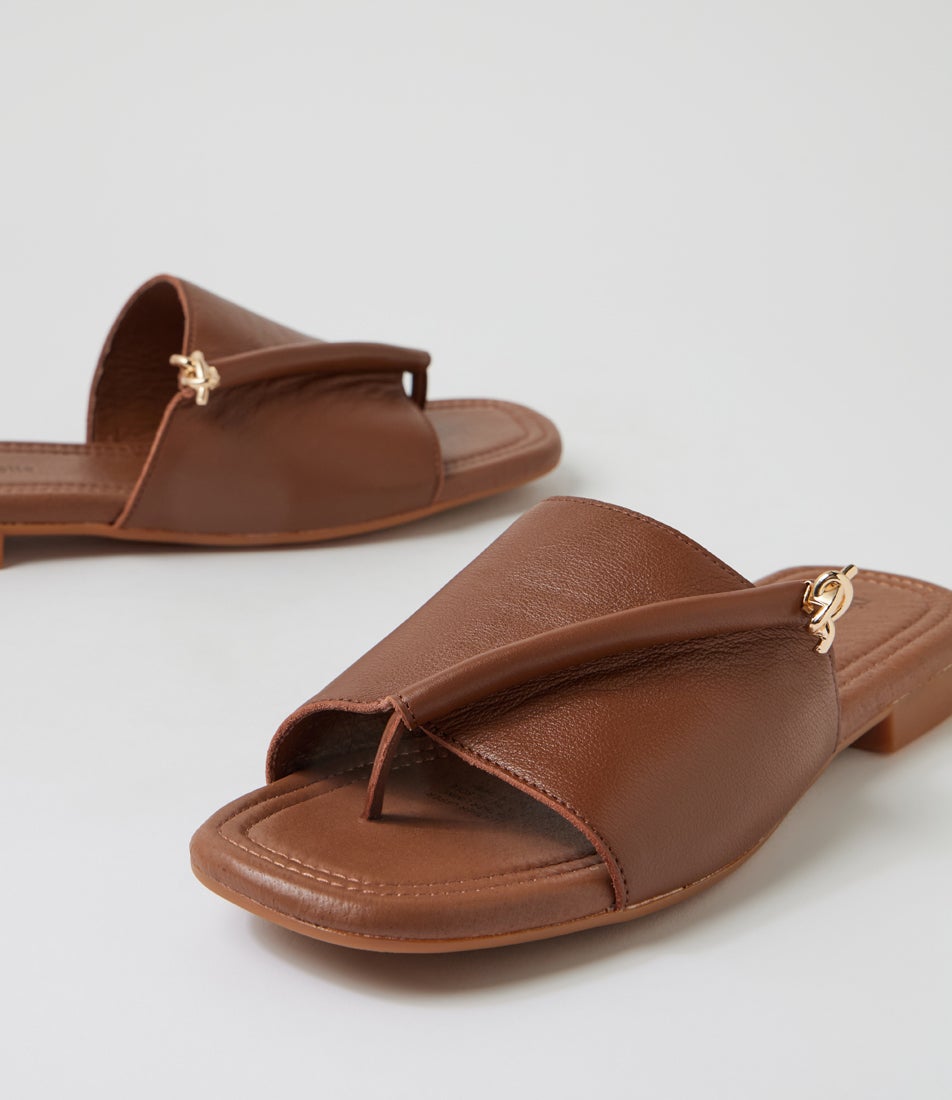 Genia New Cognac Leather Slides