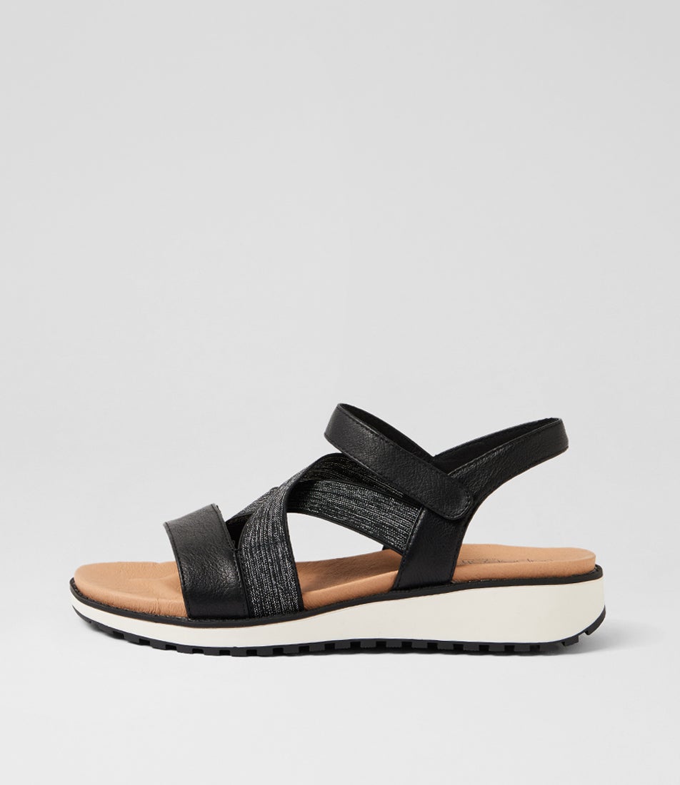Carrie Black Leather Elastic Sandals