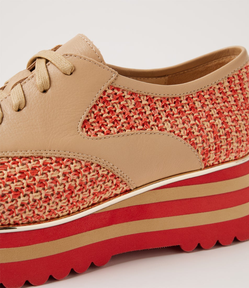 Endo Melon Natural Synthetic Raffia Leather Lace Up Flats