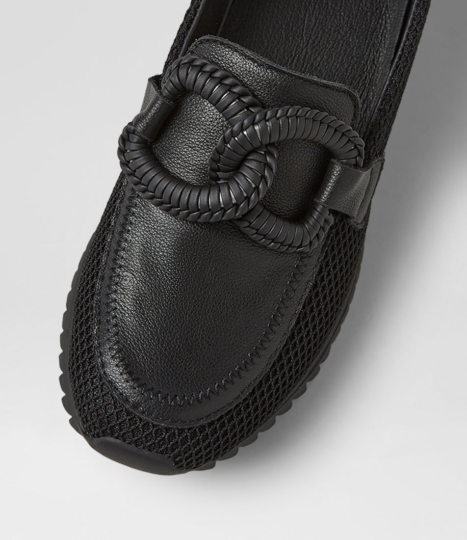 Darta Black Mesh Leather Flat Shoes
