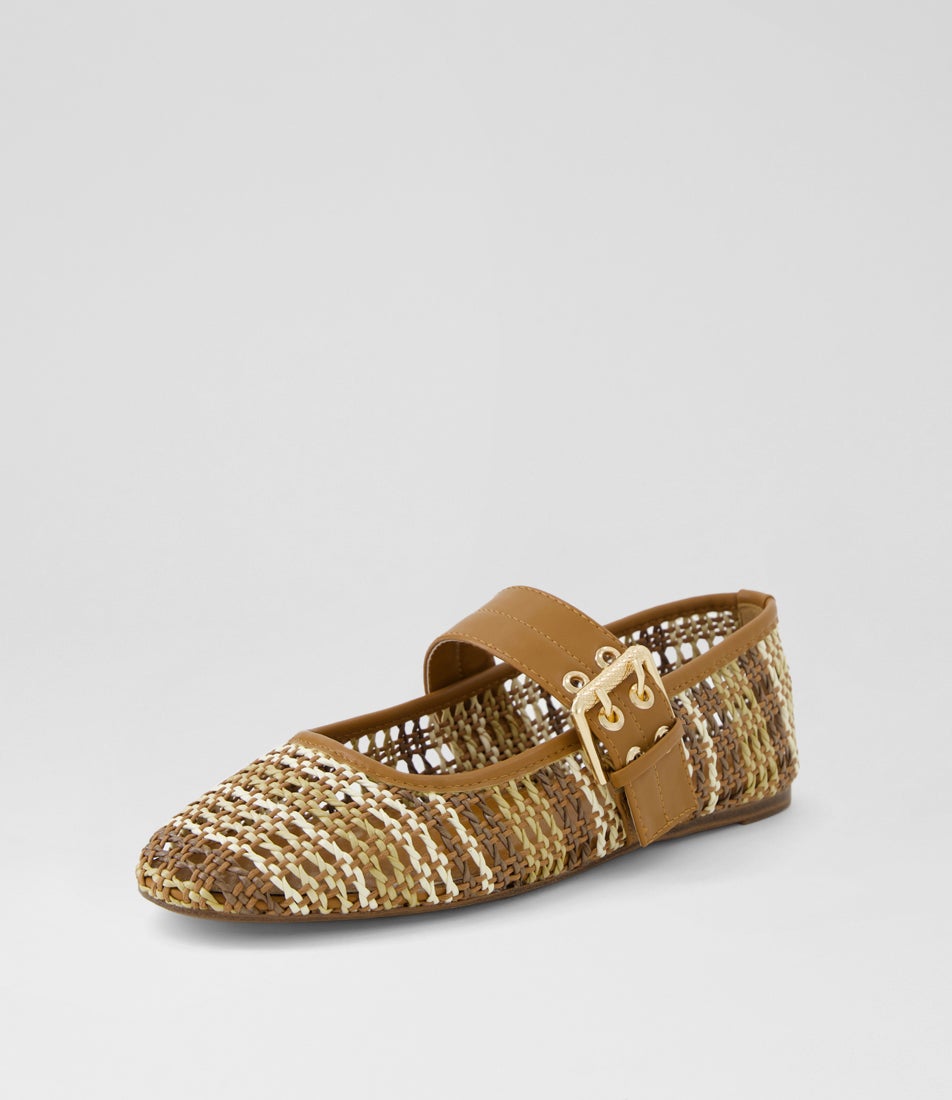 Pollinga Tan Multi Syn Raffia Flat Shoes