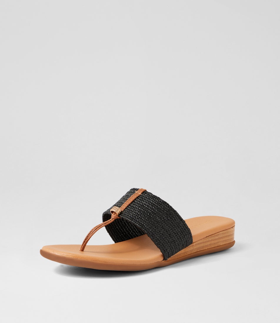 Ofrit Dark Tan Black Leather Elastic Slides
