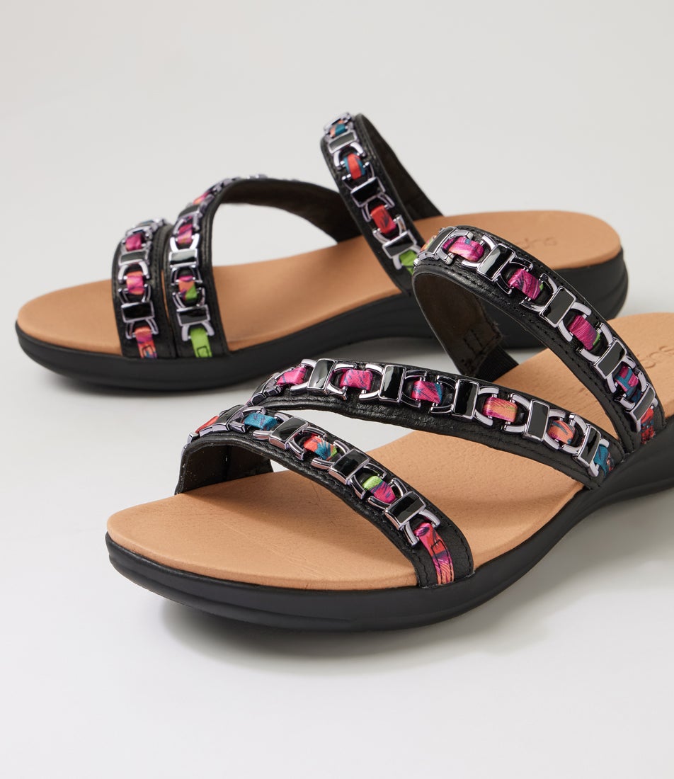 Maybelle Black Multi Leather Fabric Sandals