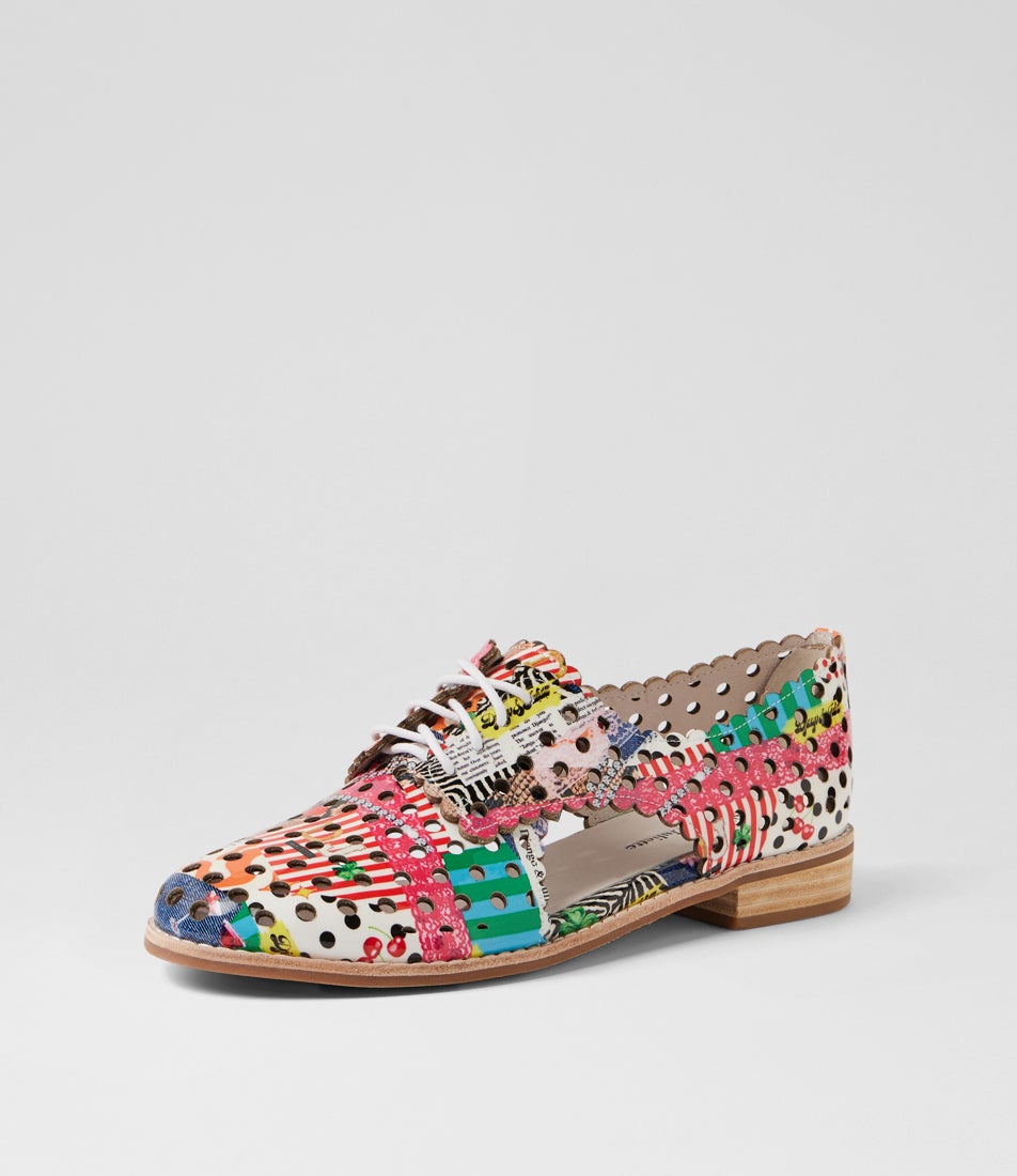 Adalina Collage 2 Print Patent Leather Lace Up Flats