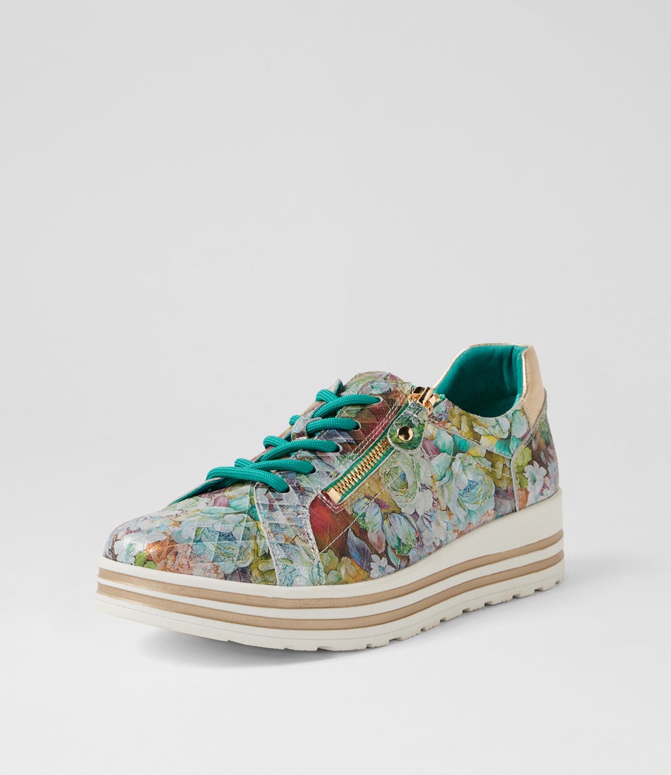 Vamra Xf Teal Diamond Gold Leather Sneakers