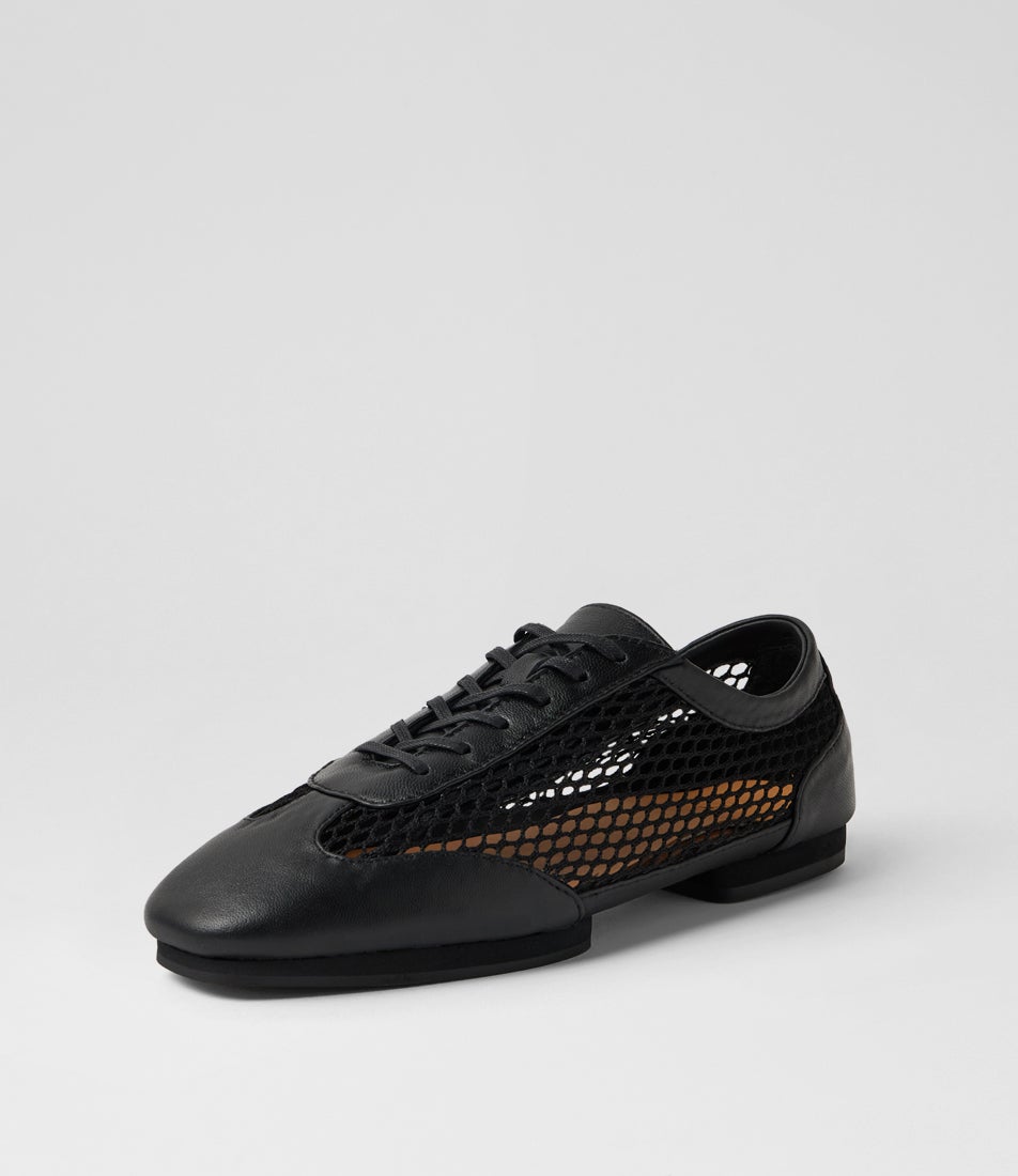 Remy Black Leather Mesh Lace Up Flats