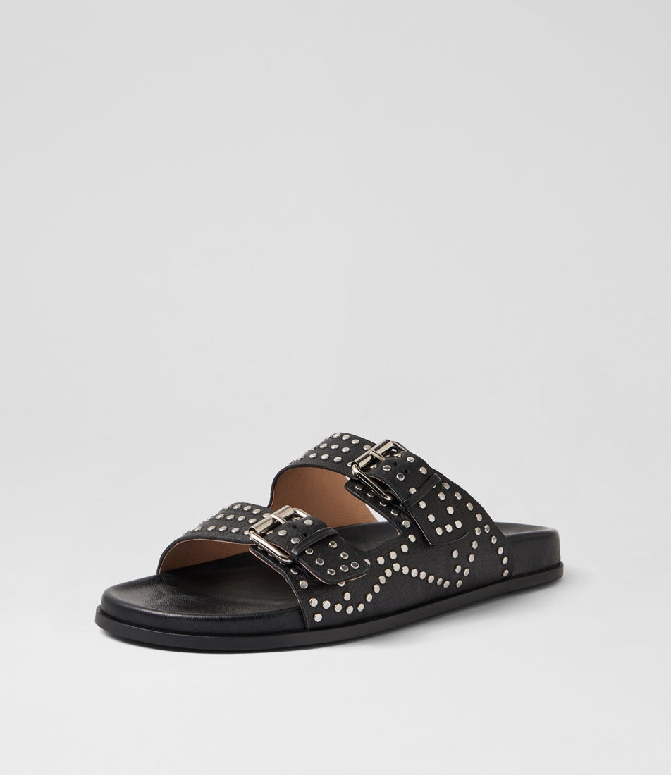 Heire Black Silver Leather Slides
