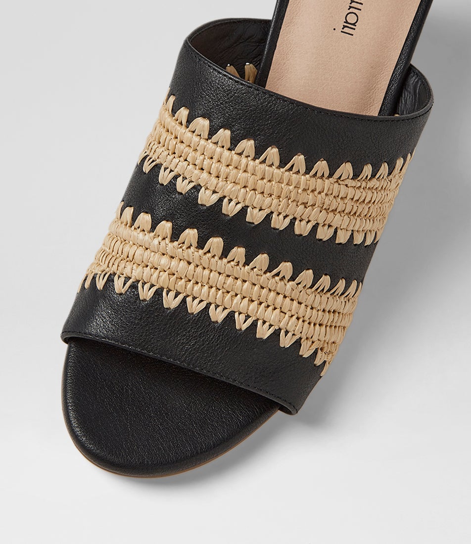 Issey Black Natural Leather Woven Heeled Sandals