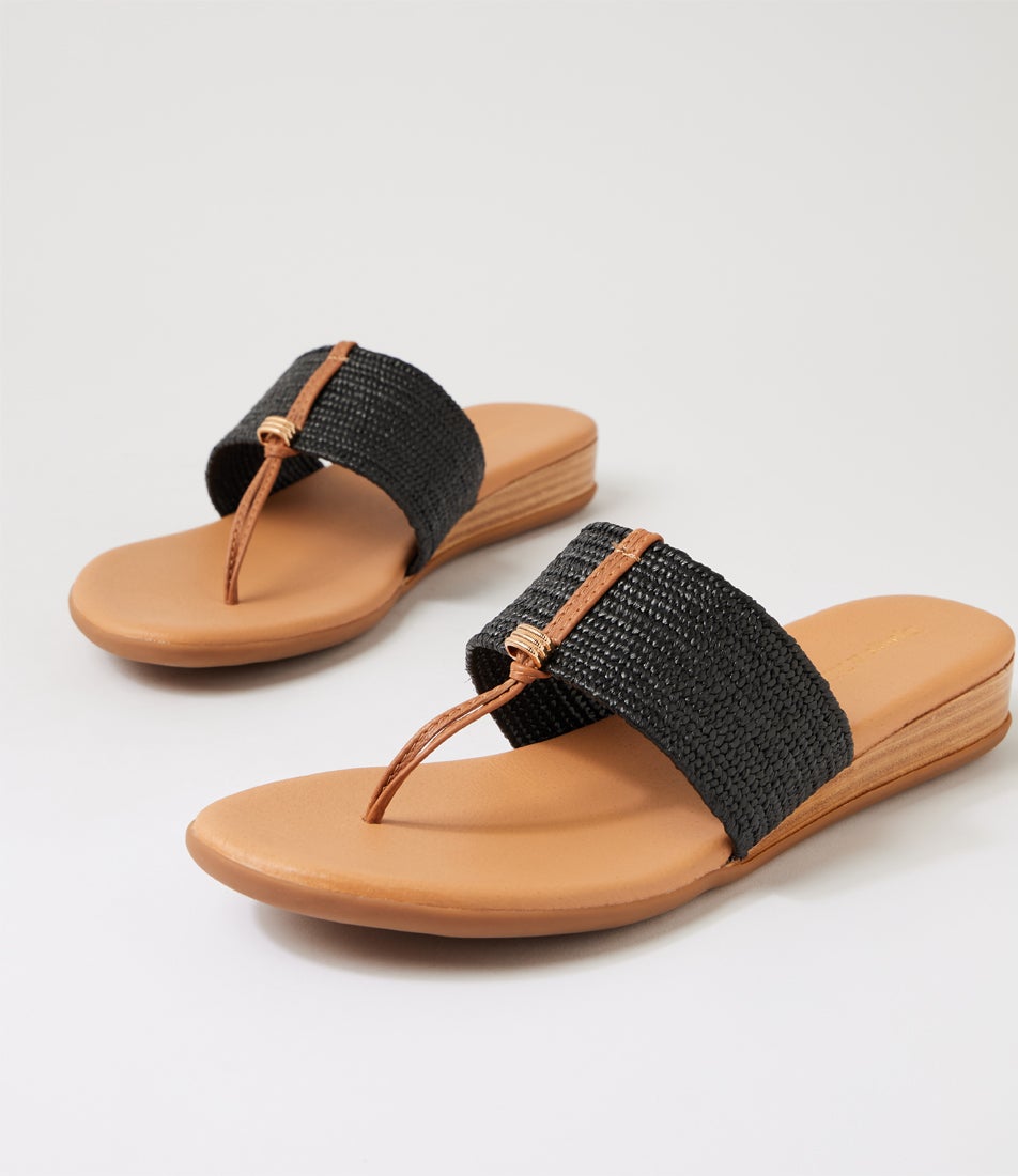 Ofrit Dark Tan Black Leather Elastic Slides