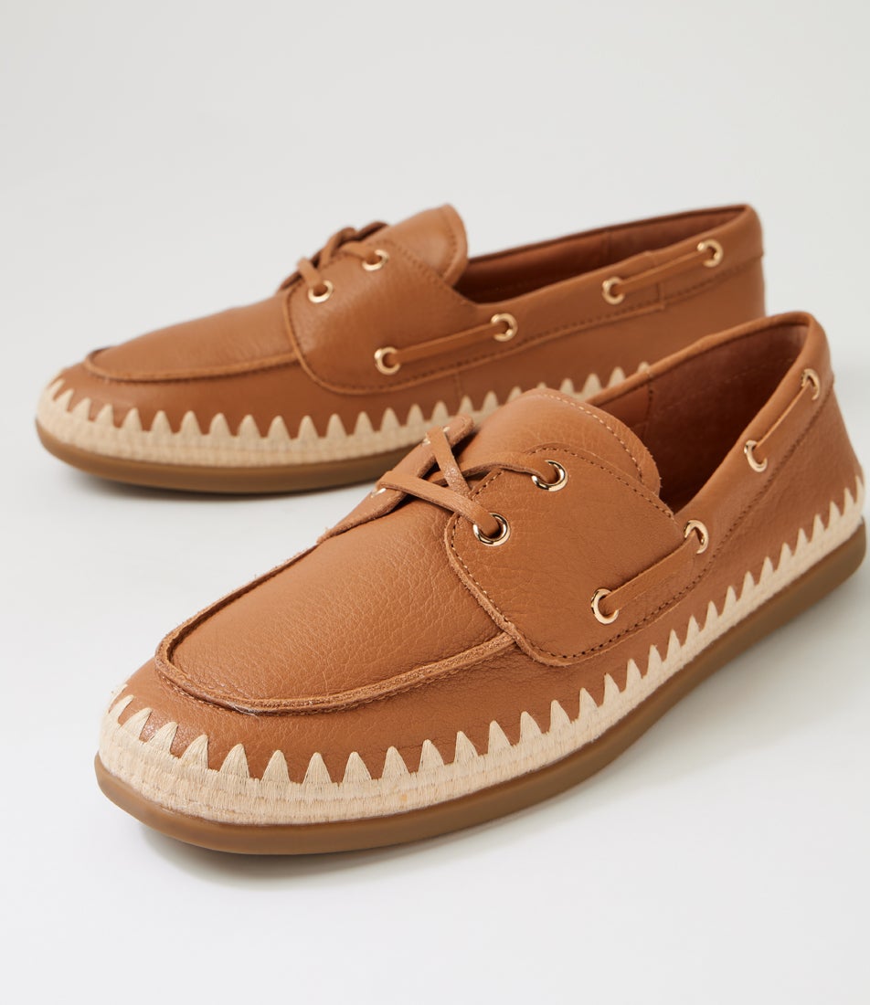 Rory Dark Tan Natural Leather Synthetic Raffia Boat Shoes