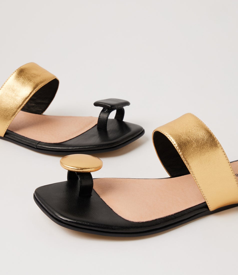 Loxley Old Gold Black Leather Slides