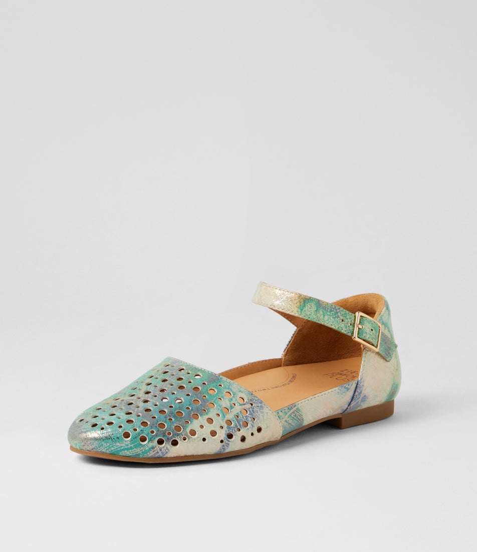 Carrole Xf Green Watercolour Leather Flat Shoes
