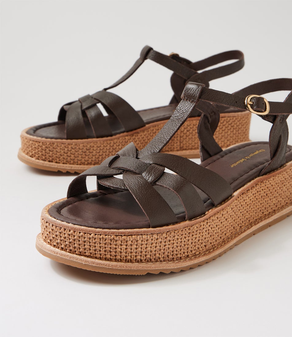 Vernir Choc Coffee Leather Synthetic Raffia Sandals