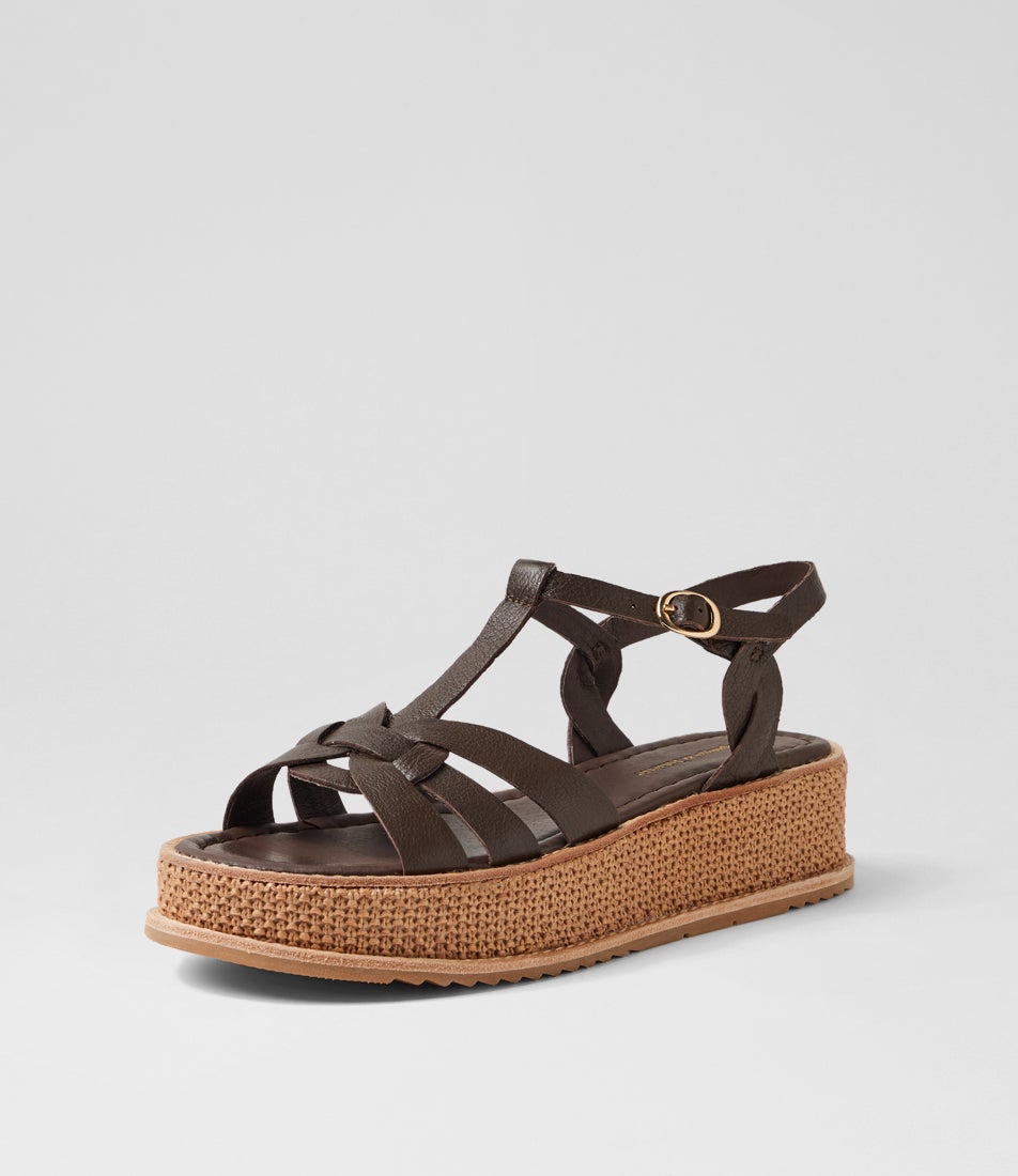 Vernir Choc Coffee Leather Synthetic Raffia Sandals