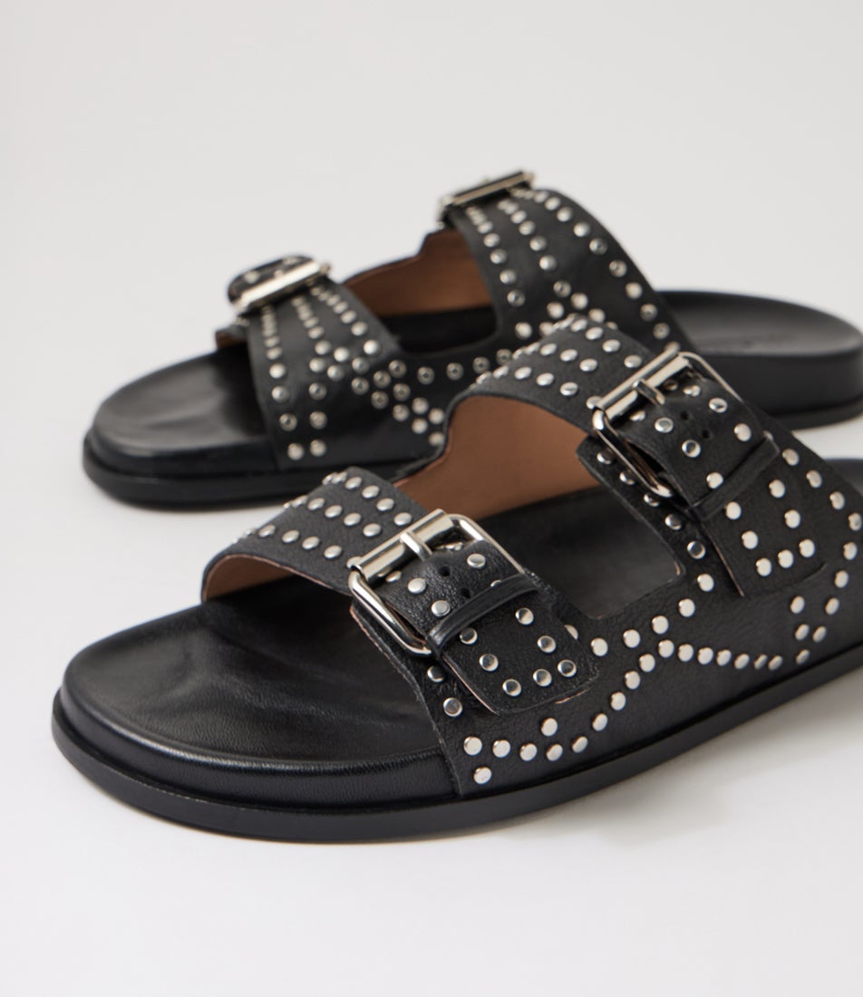 Heire Black Silver Leather Slides