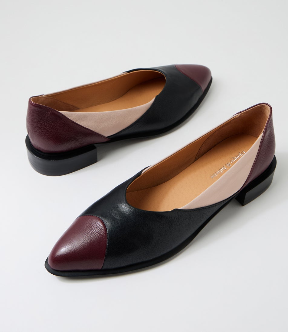 Emberta Burgundy Black Leather Flat Shoes