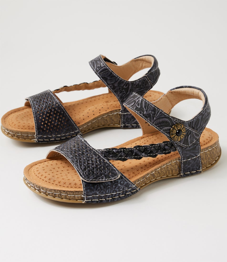 Petras Black Embossed Leather Strappy Sandals