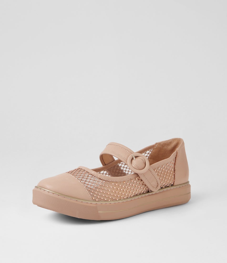 Kanon W Cafe Leather Mesh Flat Shoes