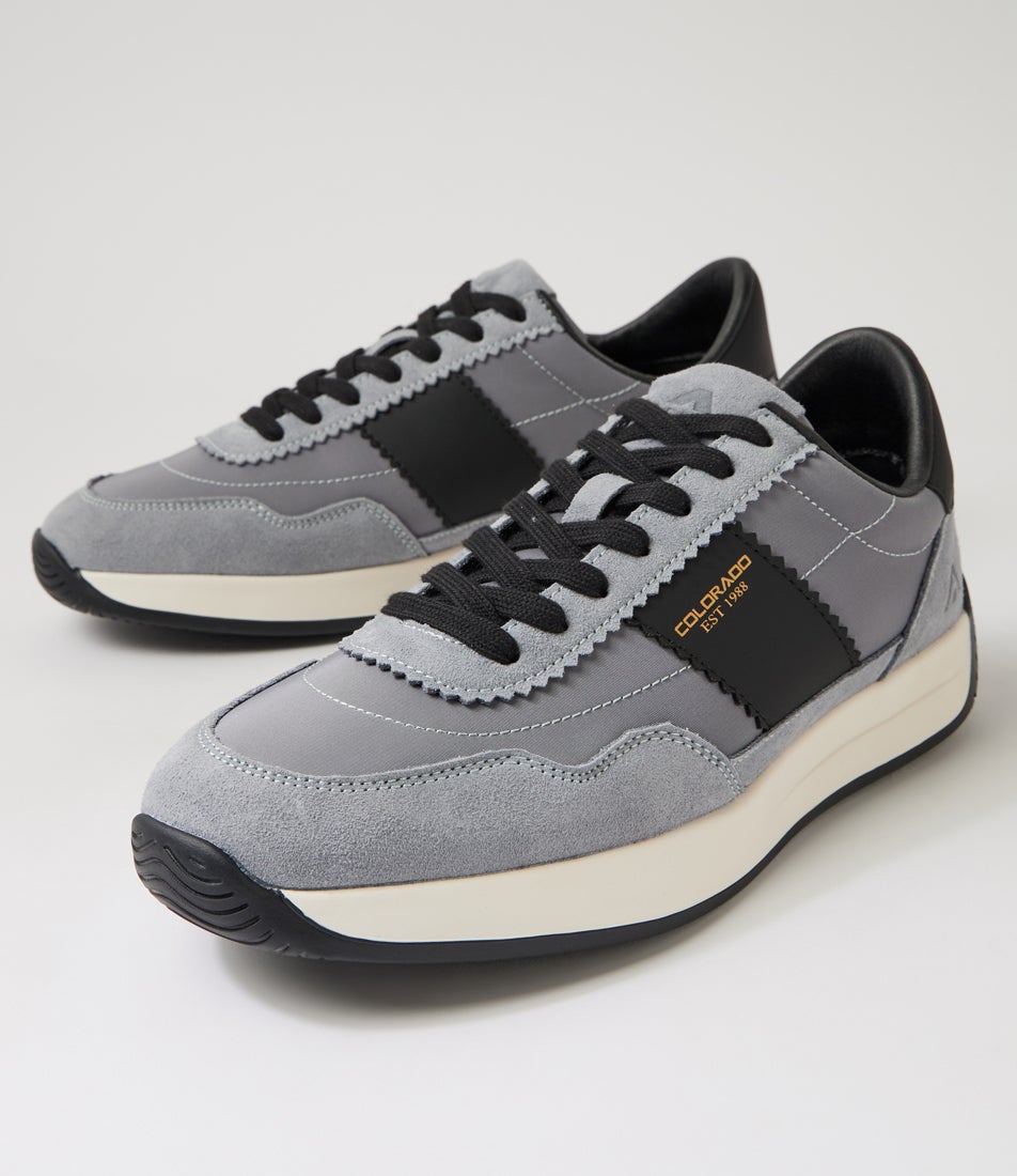 Larny Light Grey Black Suede Nylon Lace Up Sneakers