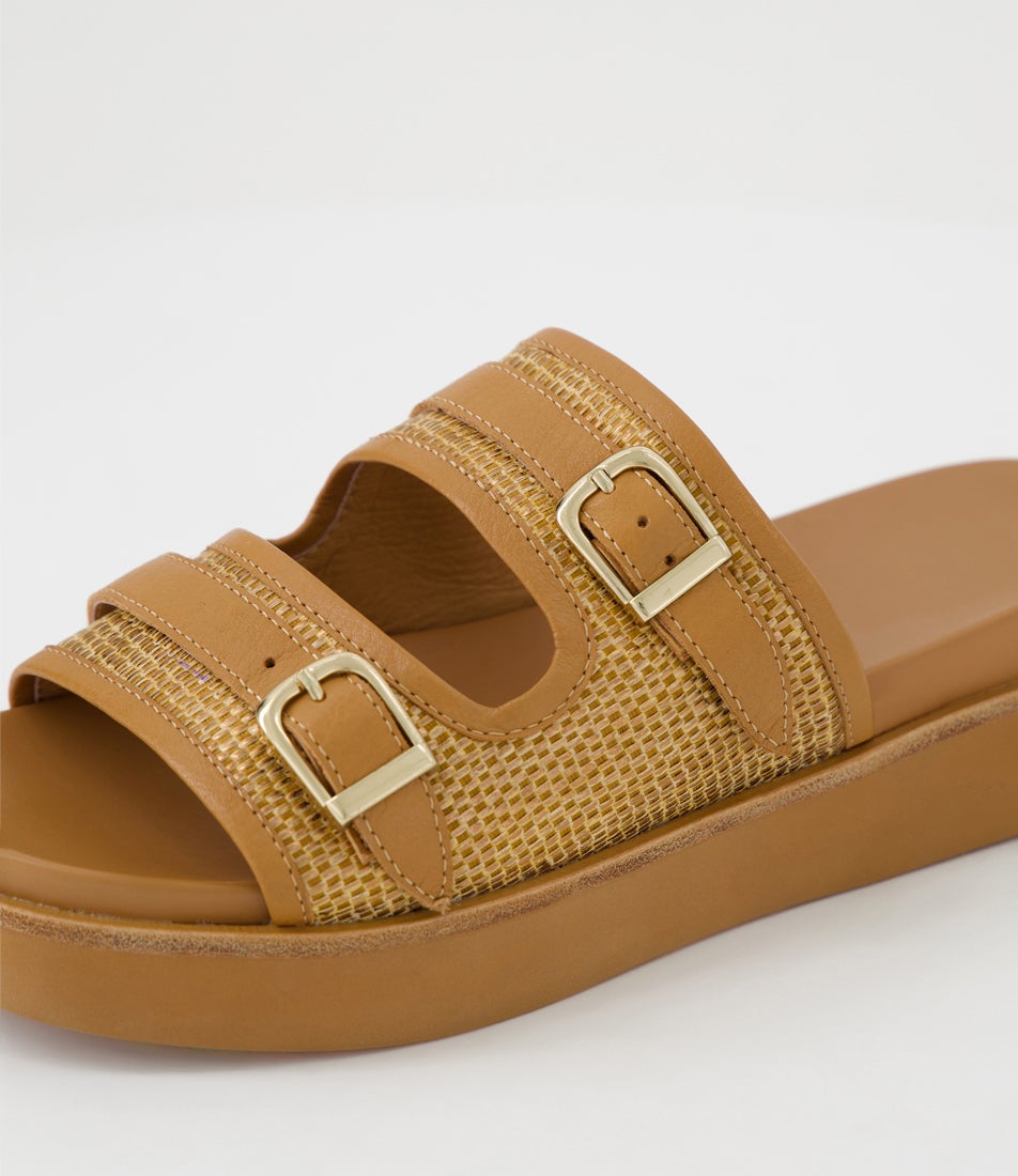 Zimra Dark Tan Leather Raffia Slides