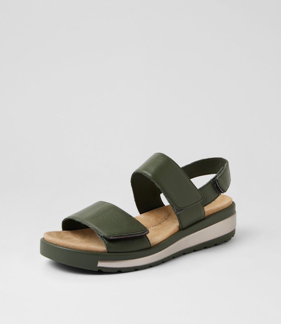 Garlin W Olive Pewter Leather Sandals