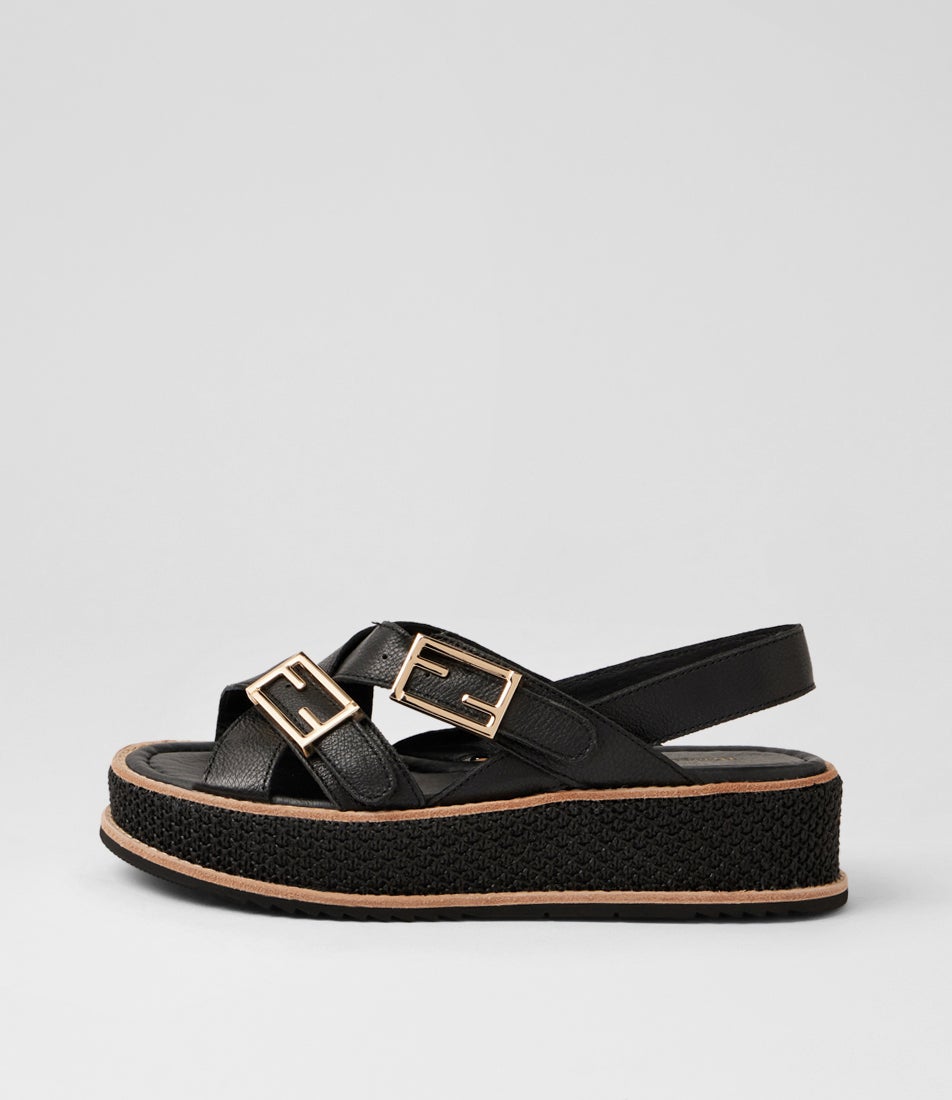 Vasha Black Leather Synthetic Raffia Sandals