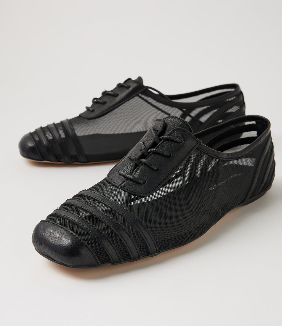 Vyolet Black Leather Mesh Lace Up Flats
