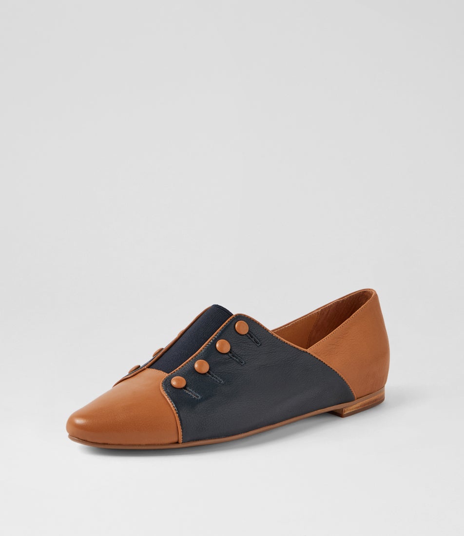 Servi Dark Tan Navy Leather Flat Shoes