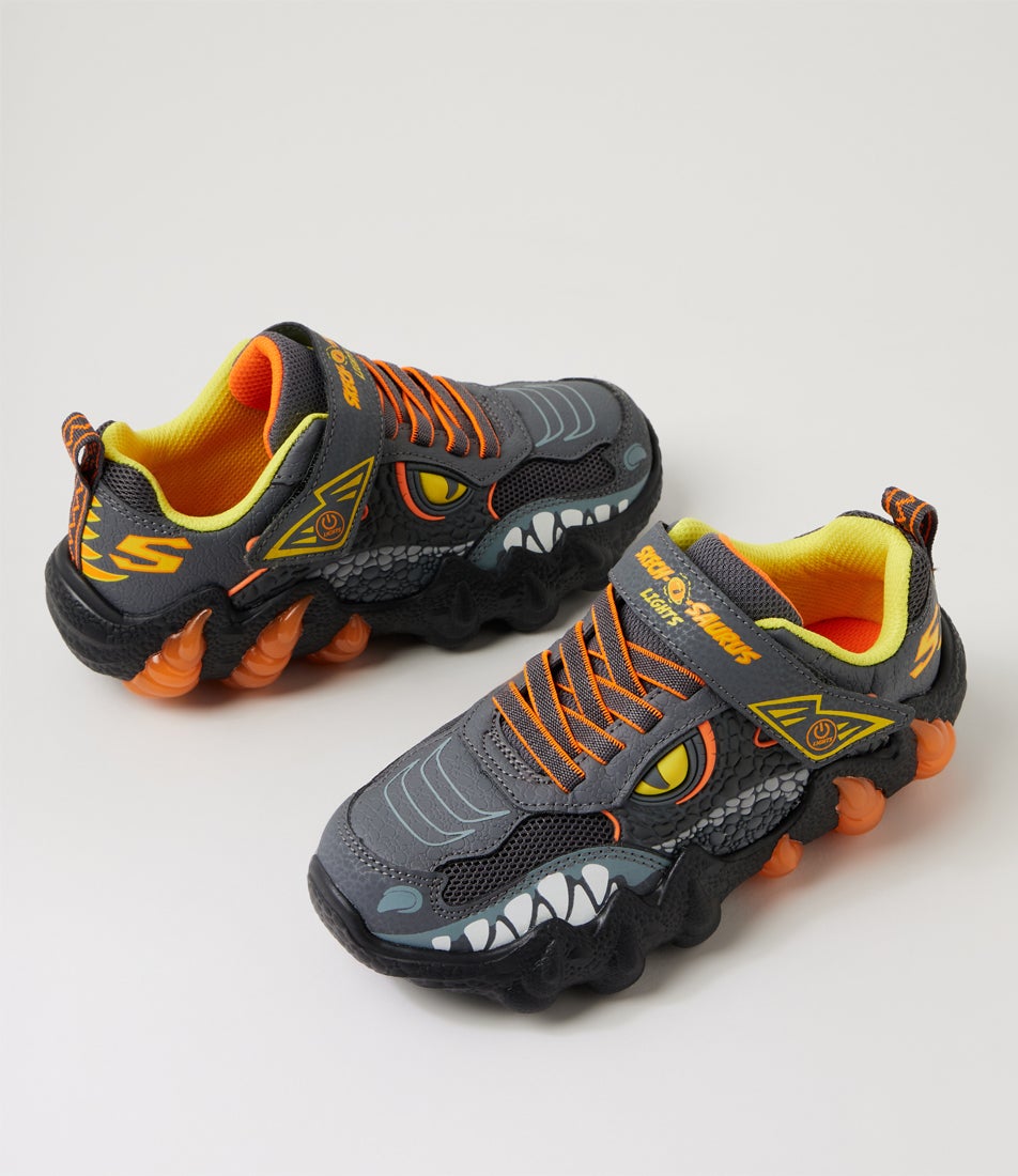 Skech O Saurus Lights 2 Junior Charcoal Orange Fabric Sneakers Skech O Saurus Lights 2 Junior Charcoal Orange Fabric Sneakers