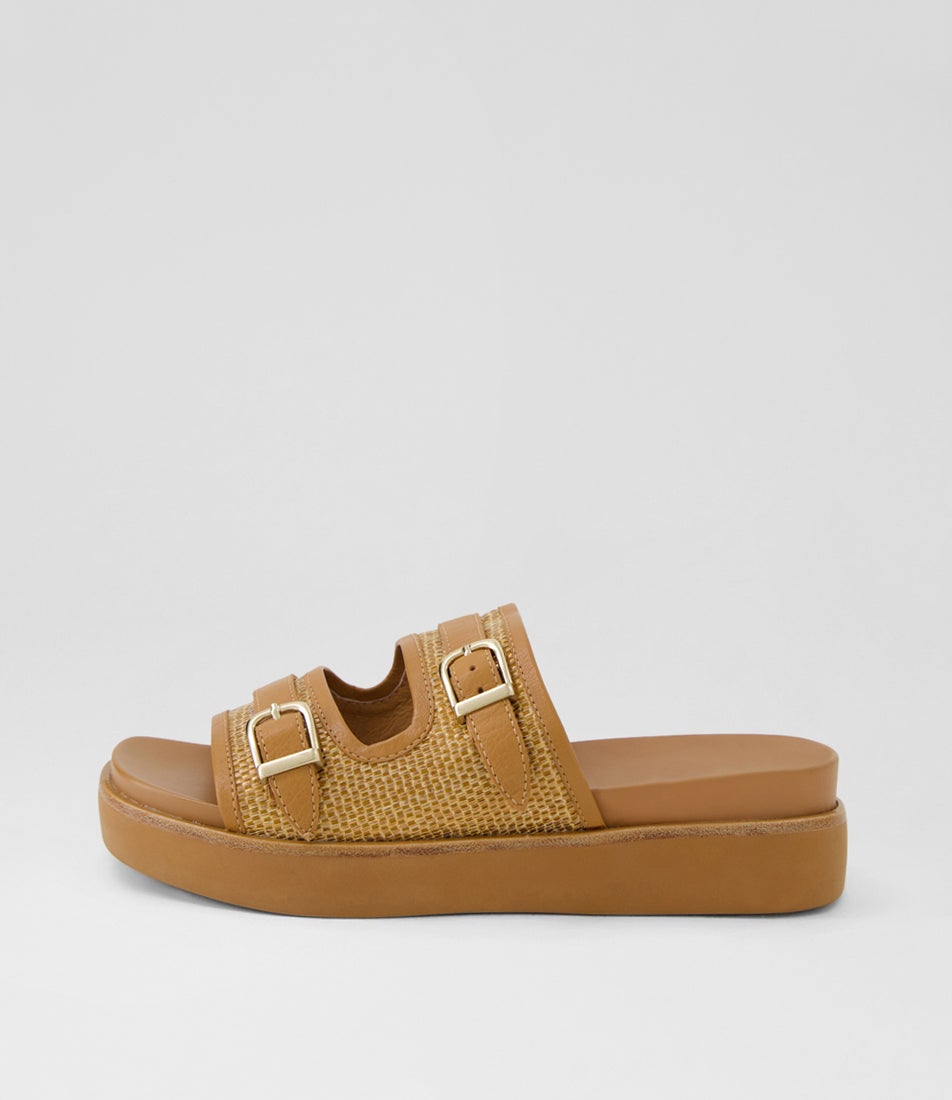 Zimra Dark Tan Leather Raffia Slides
