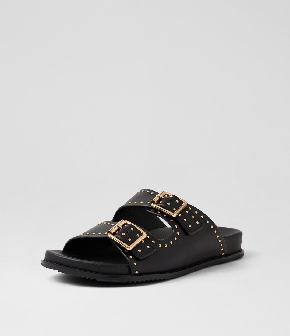 Havro W Black Pale Gold Leather Slides