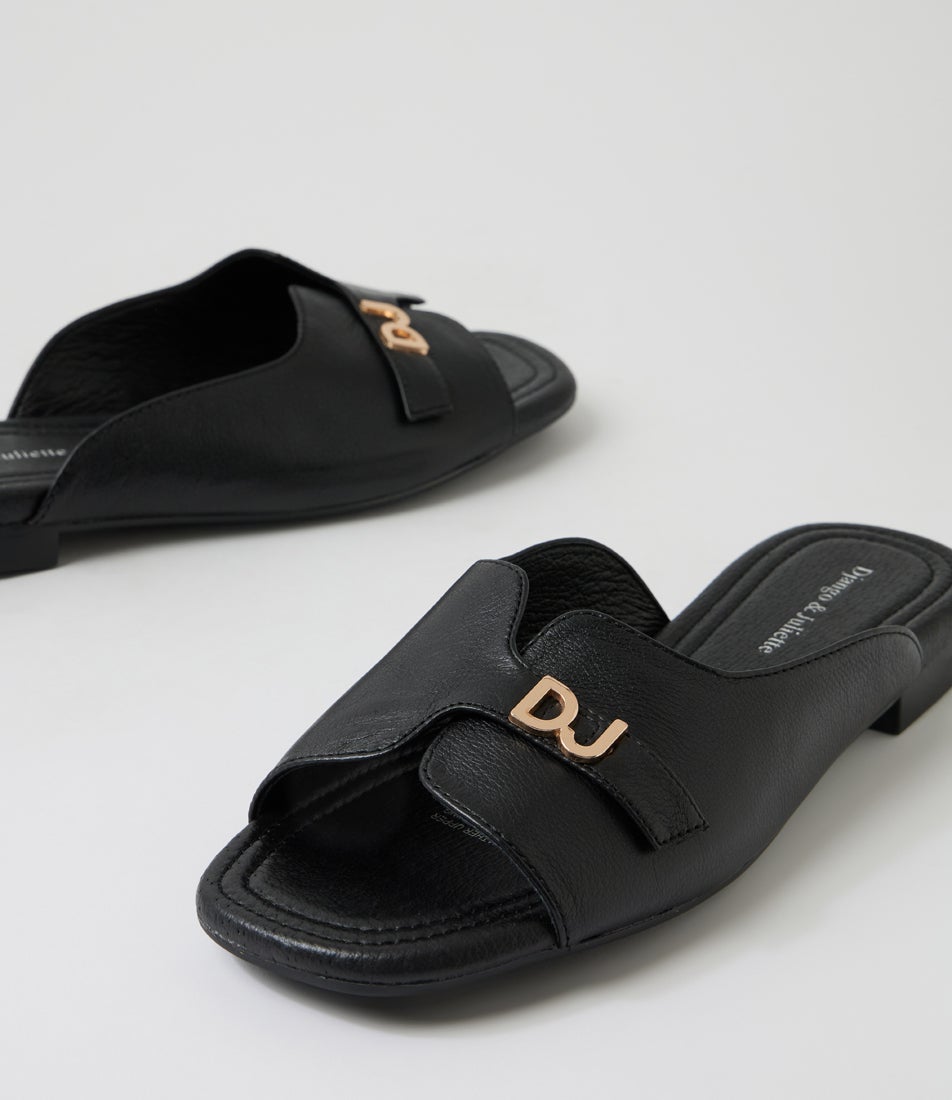 Gallia Black Leather Slides