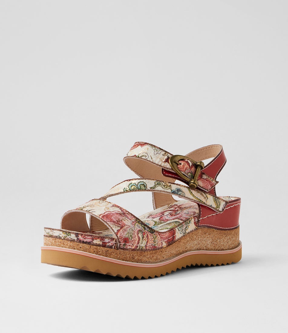 Riley Red Gold Floral Leather Sandals