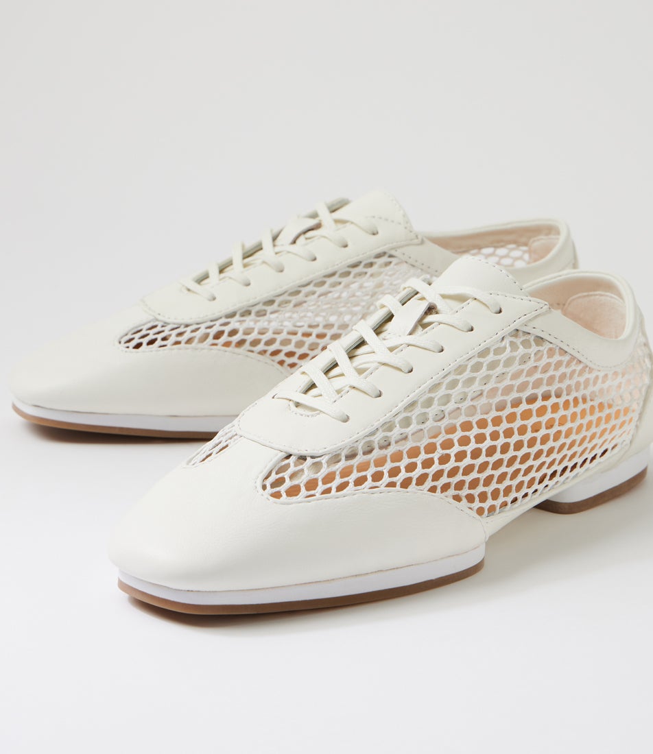 Remy White Leather Mesh Lace Up Flats