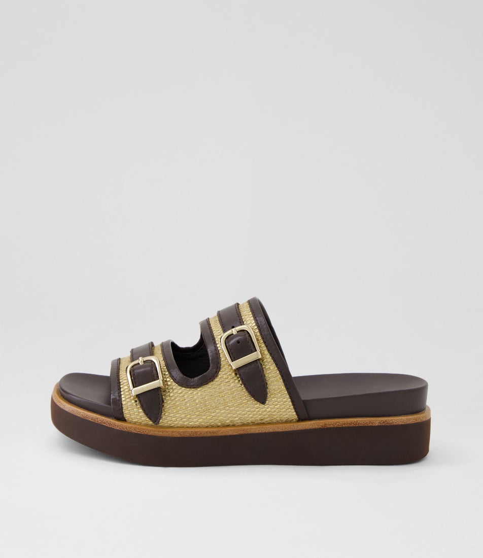 Zimra Choc Gold Leather Slides