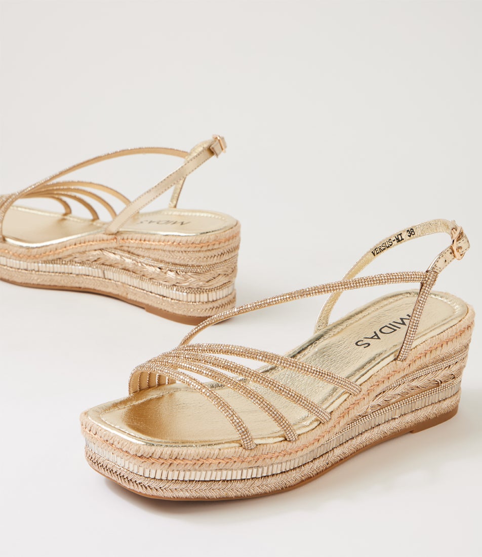 Versus Pale Gold Leather Jewels Platform Wedge Sandals