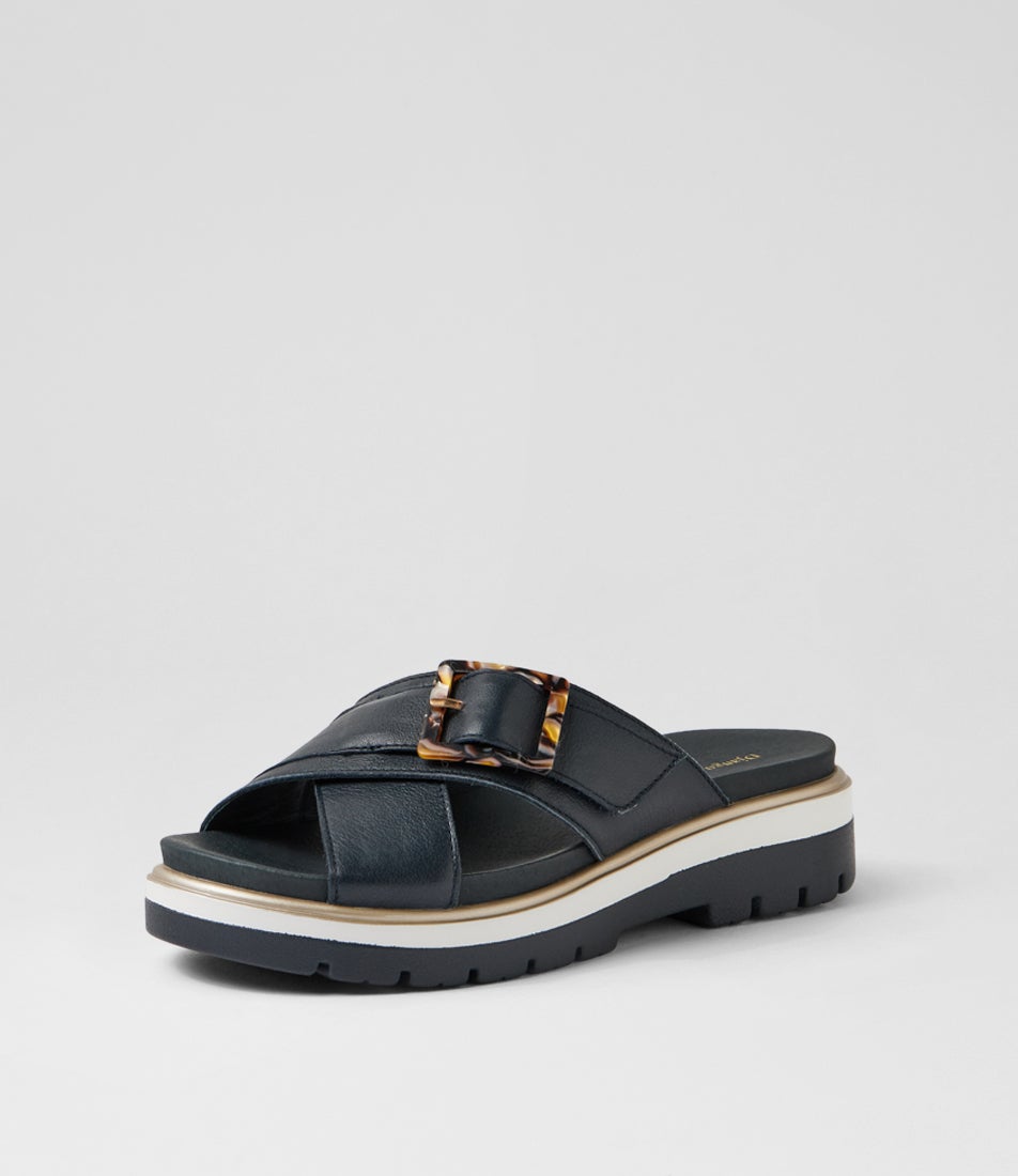Norne Navy White Leather Slides