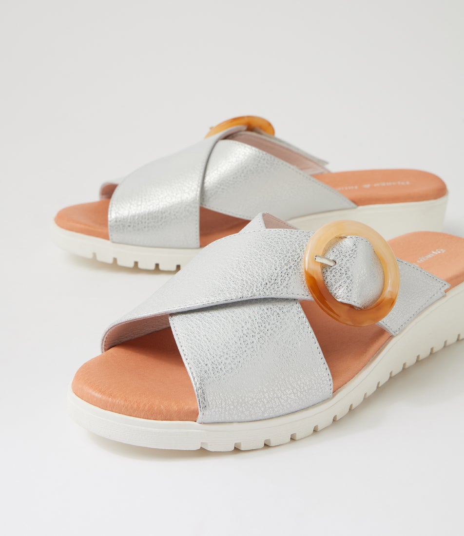 Mertisa White Silver Wash Leather Slides