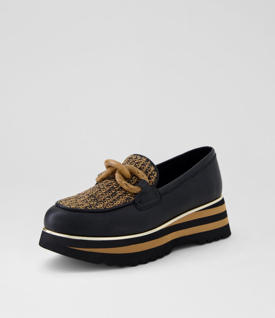 Eggey Black Coffee Leather Syn Raffia Loafers