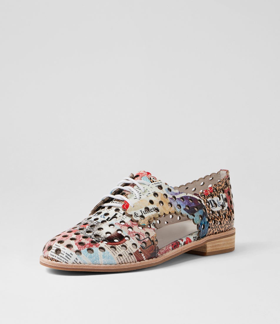 Adalina Collage Print Patent Leather Lace Up Flats