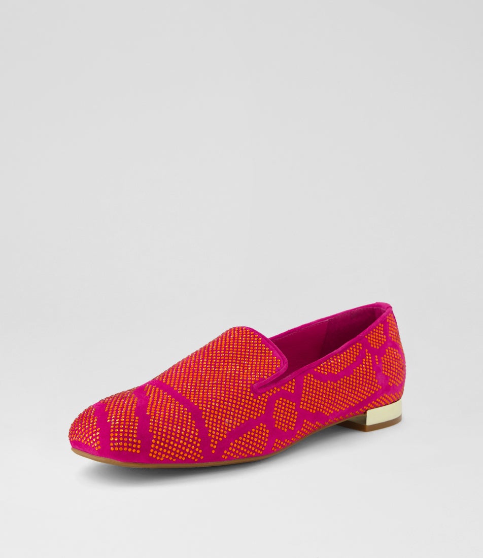 Fumer Fuchsia Orange Suede Jewels Loafers